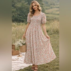 Zara Floral Smocked short sleeve Maxi Dress Cottagecore Boho spring small